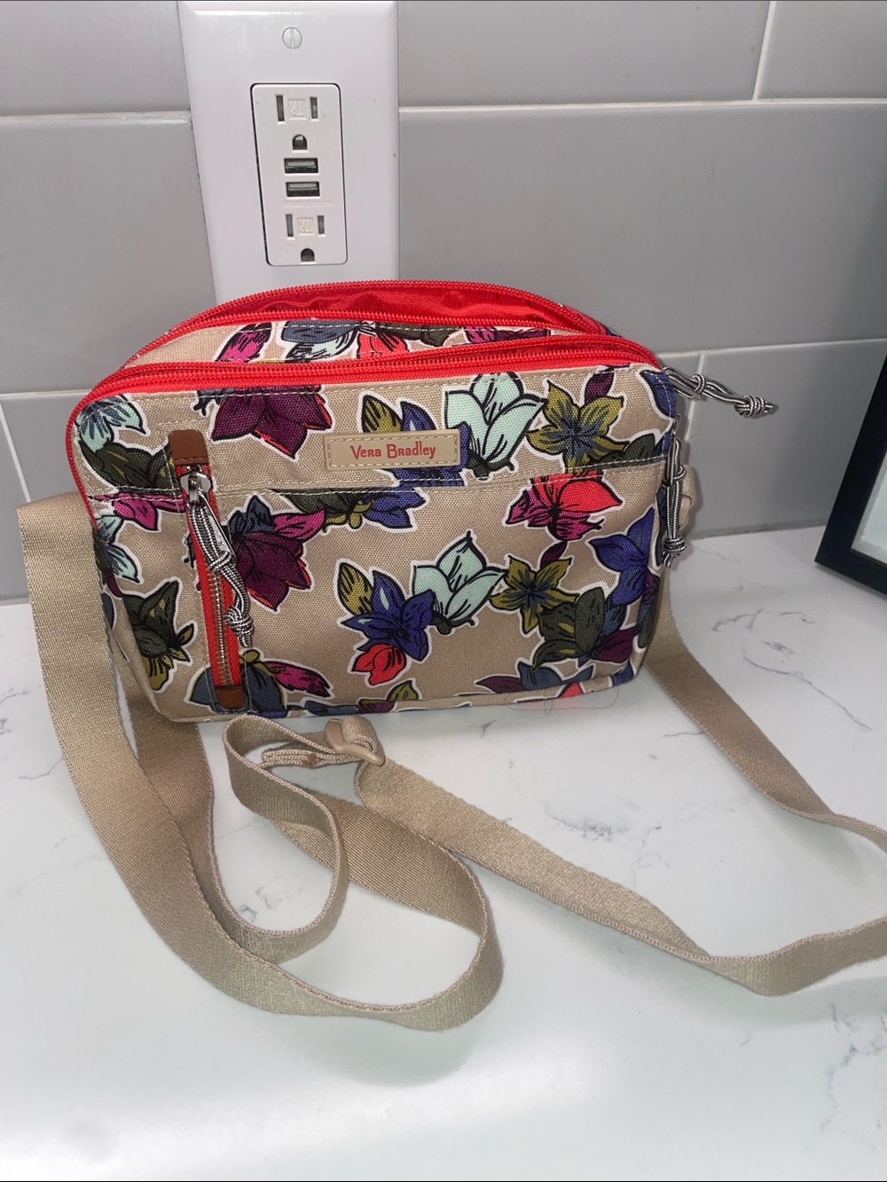 Vera Bradley Beige Floral Crossbody with Red Trim